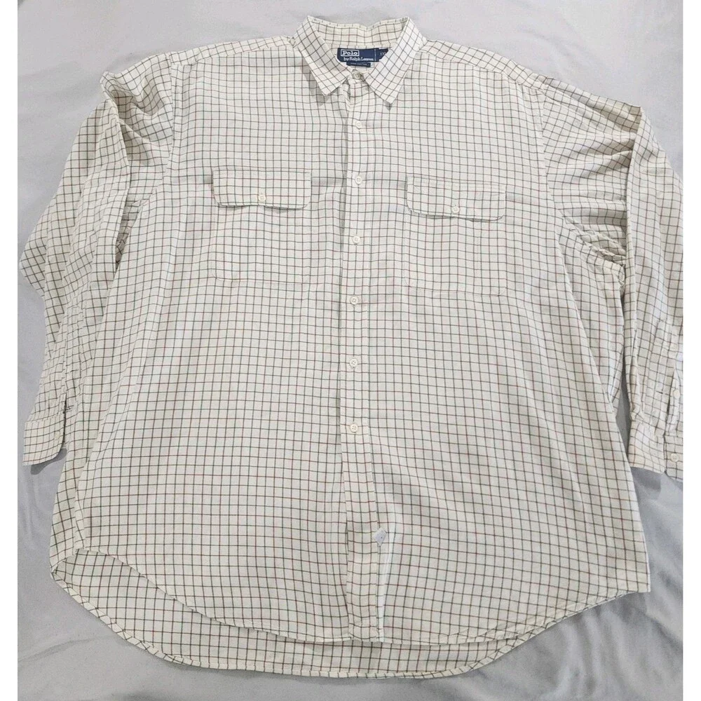 Polo Ralph Lauren Green & Red Window‎ Pane On Cream Mens Shirt XXL